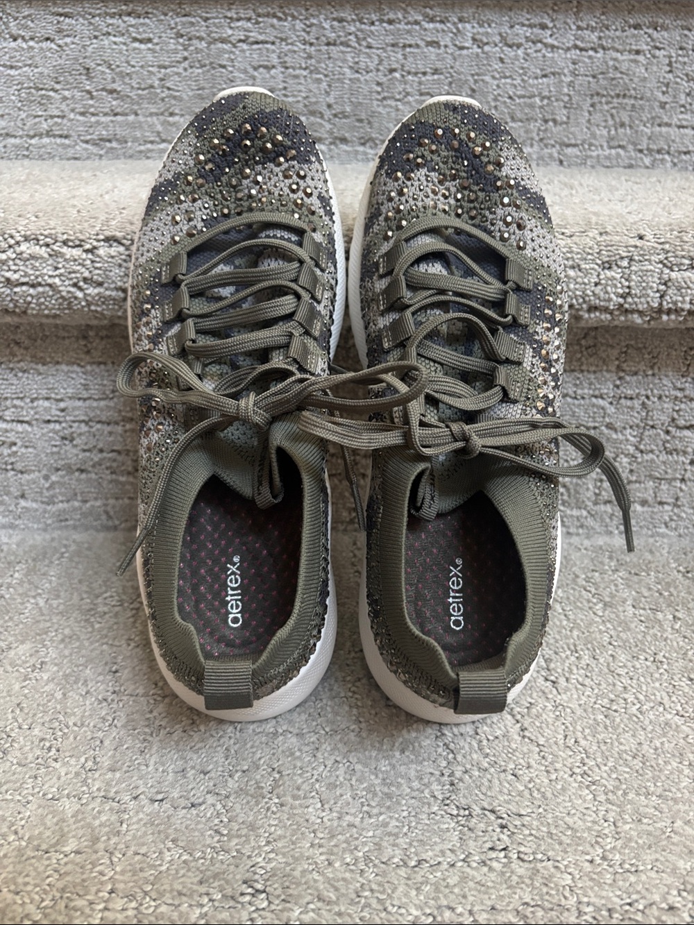 Aetrex Olive Green Crystal Lace-Up Knit Sneakers